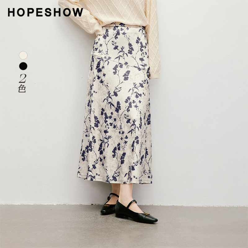 红袖秋新款女装【墨染画卷】宽腰侧拉半身裙