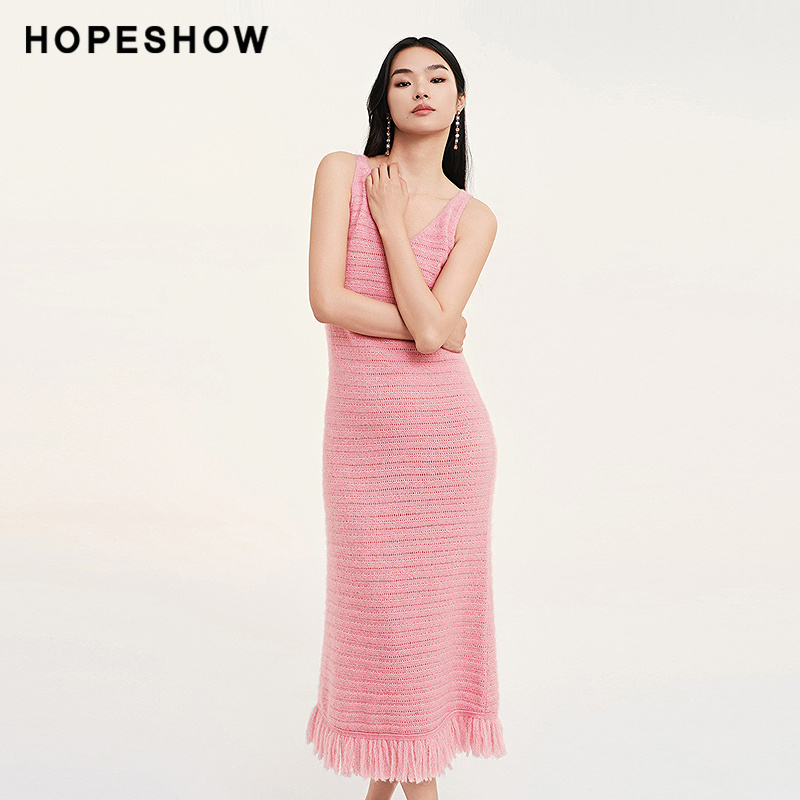 红袖2024秋季新款女装 流苏拼接挑孔无袖V领针织连衣裙