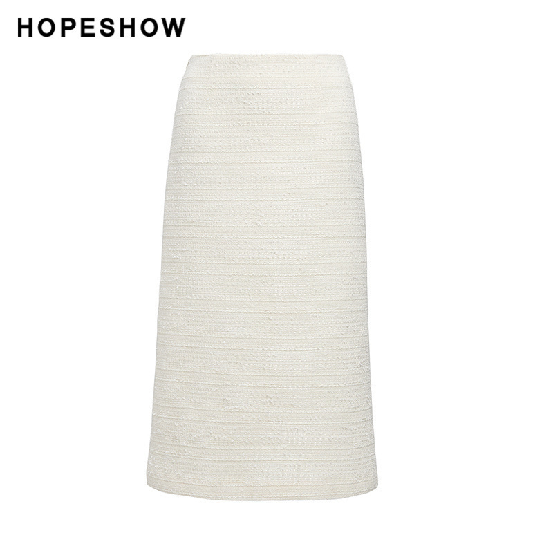 红袖秋款女装白色解构后开叉连腰直筒半身裙