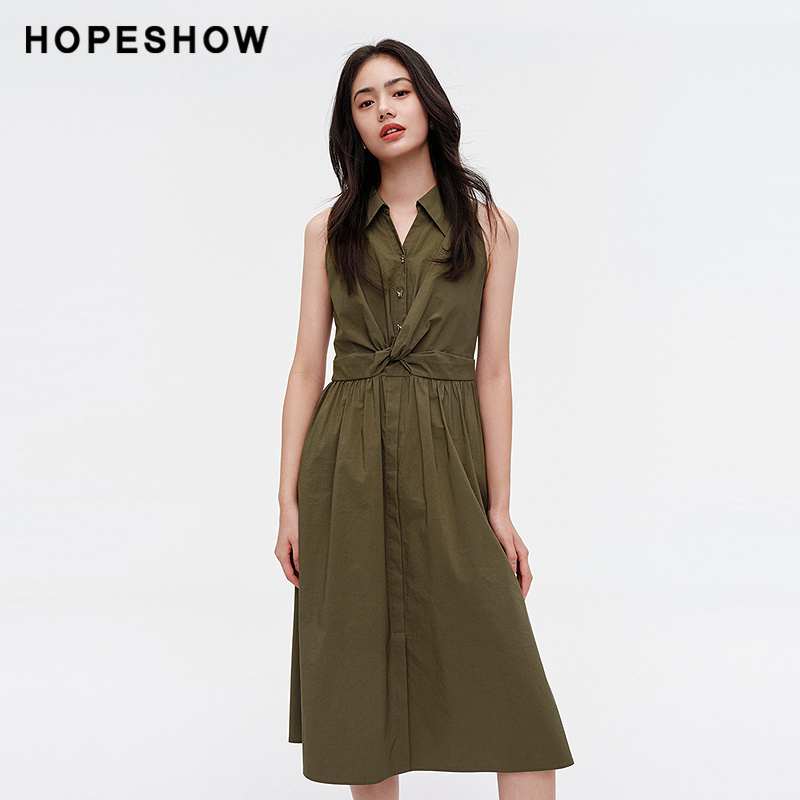 红袖夏新款女装立体扭结收腰翻领无袖连衣裙