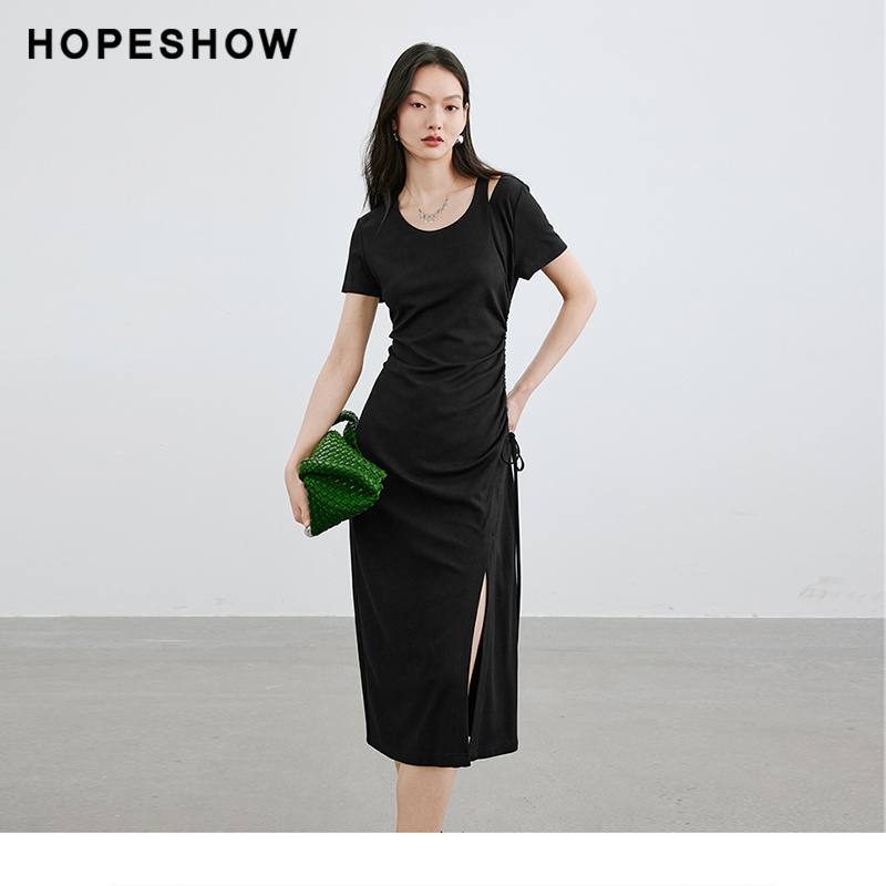 【日常价】红袖春季镂空收腰开叉圆领套头连衣裙