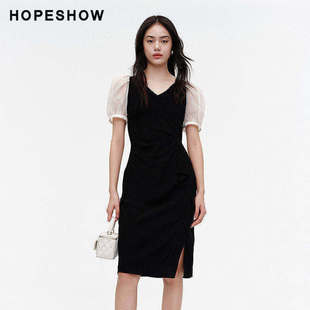 夏季 红袖 新款 女装 压褶收腰V领套头连 泡泡袖 日常价