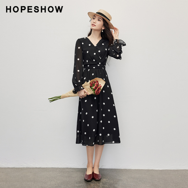 【日常价】红袖秋新款女装波点收腰V领套头中长连衣裙