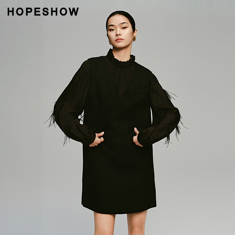 【清仓】红袖2024冬新款女装100%绵羊毛正肩无袖V领西装连衣裙