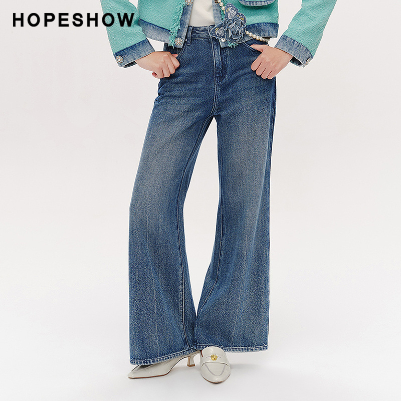 【日常价】红袖春季新款女装撞色贴标喇叭牛仔长裤