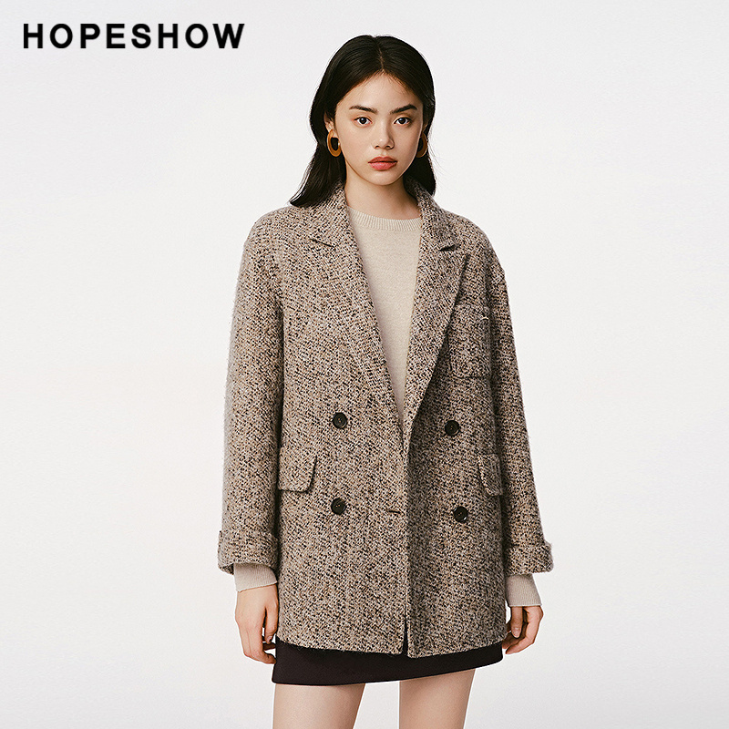 【日常价】红袖冬新款女装双排扣落肩翻领双面呢大衣