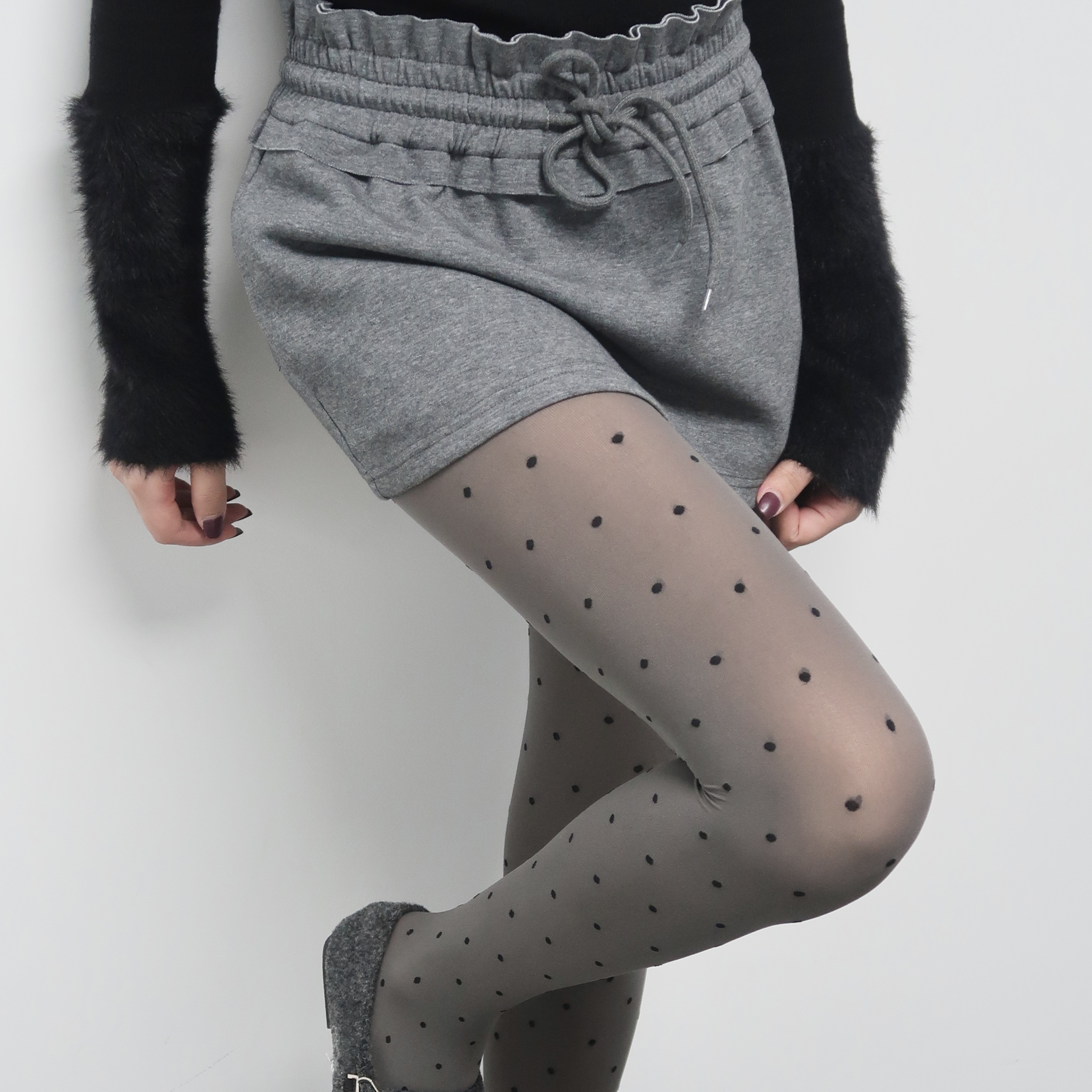 陆甜茶秋JK复古风格雷系灰色波点丝袜女天鹅绒性感提花圆点连裤袜