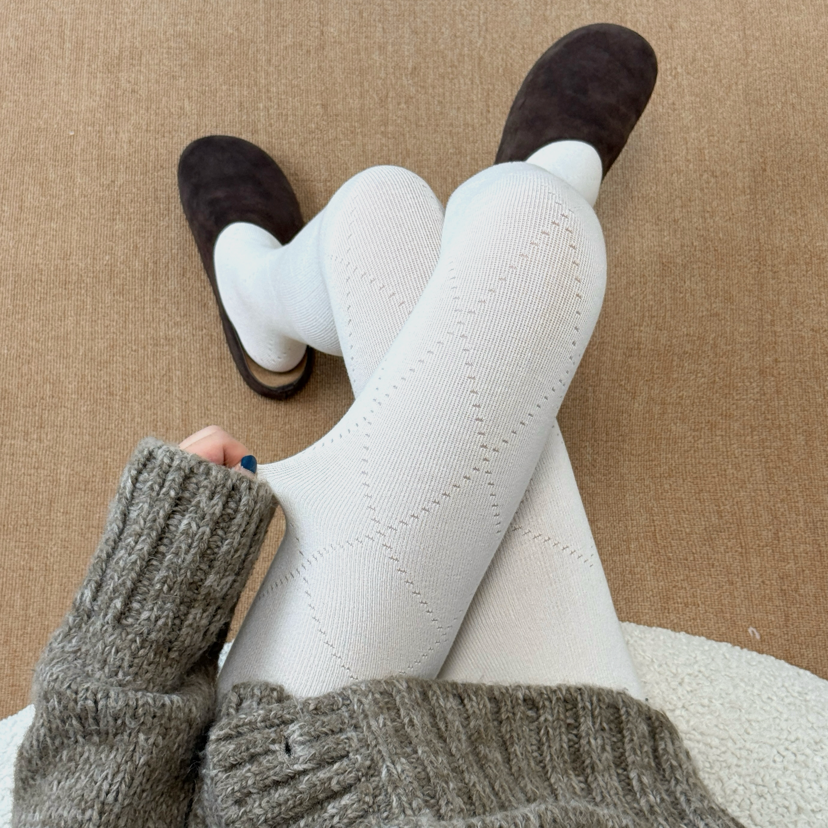 白色连裤袜春秋菱格网面小香风