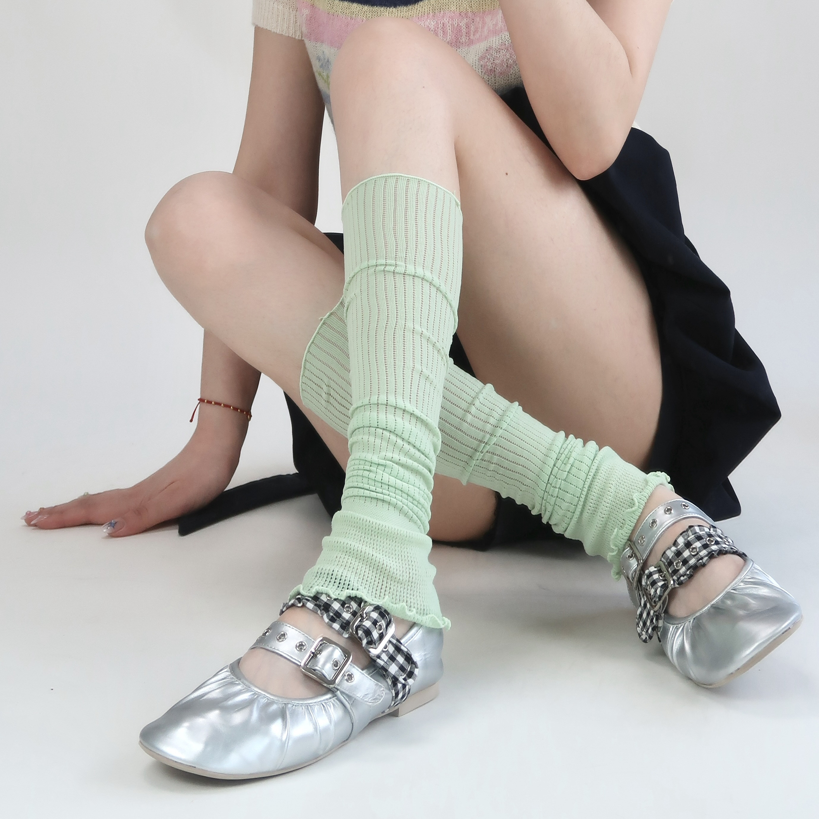 陆甜茶春夏彩色针织袜套芭蕾条纹慵懒风显瘦小腿堆堆袜子女腿套