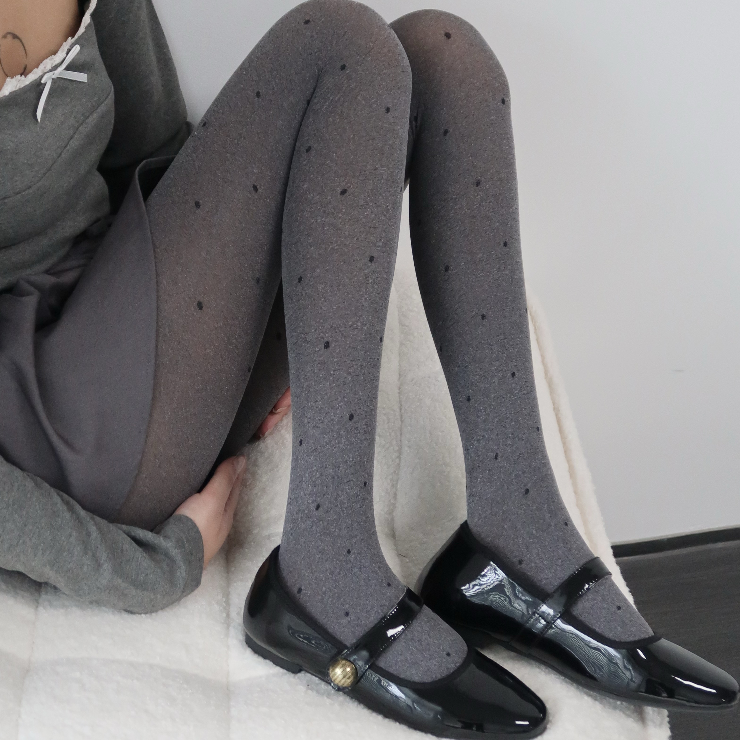 陆甜茶芝麻灰棉质连裤袜波点春秋韩系爱心提花防勾丝打底丝袜女