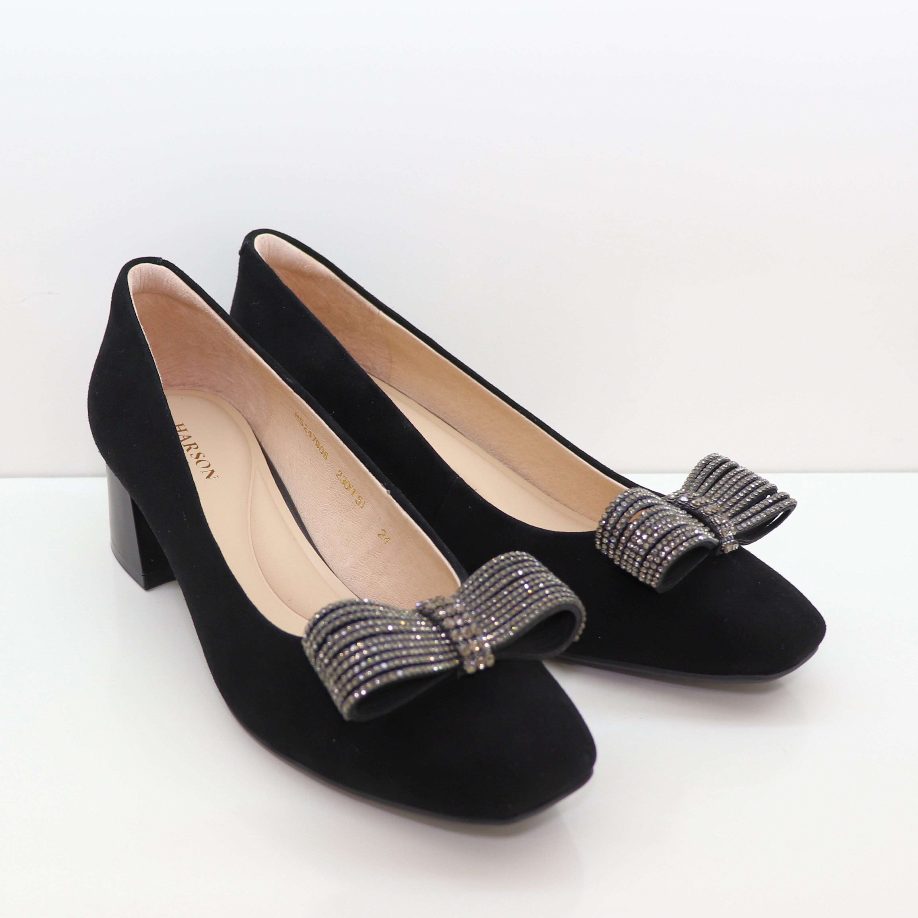 哈森单鞋2024春季浅口鞋hs247906羊反绒低跟舒适水钻蝴蝶结女鞋