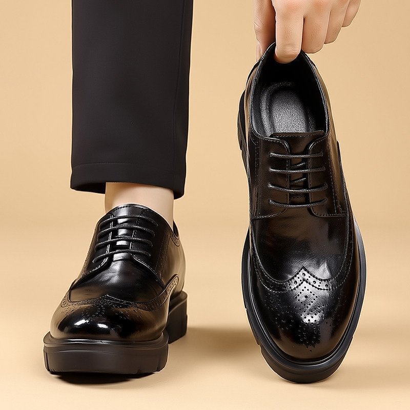 皮鞋男2026新款春季英伦风商务正装休闲男士黑色厚底增高德比潮鞋,流行男鞋,休闲皮鞋,淘宝优惠券,粉丝福利购,淘宝优惠卷