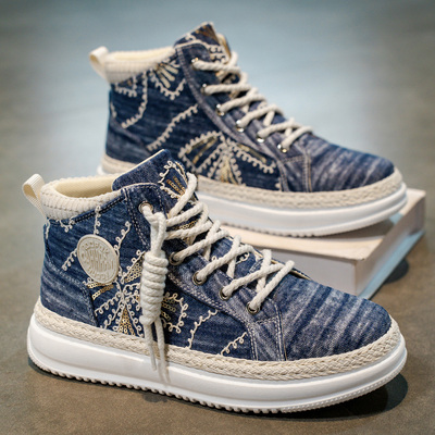 潮牌帆布鞋男冬季复古学生百搭软底布鞋休闲运动厚底增高高帮板鞋