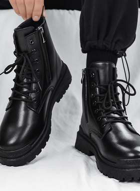 马丁靴男2025新款秋季黑色英伦风机车工装靴高帮冬季加绒保暖皮靴