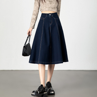 中长款 加厚深蓝色大裙摆a字裙伞裙 软牛仔裙半身裙女高腰秋冬新款