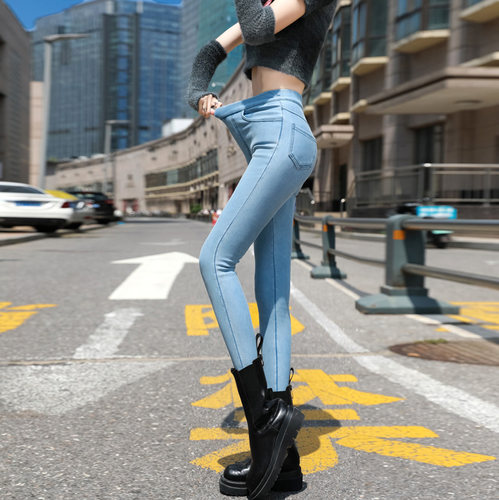 高弹高腰针织紧身牛仔裤女松紧腰