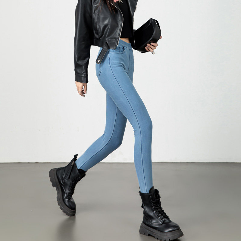 四面高弹软牛仔裤女高腰紧身秋冬薄绒加绒松紧腰弹力无痕小脚靴裤