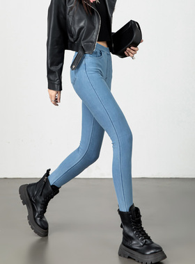 四面高弹软牛仔裤女高腰紧身秋冬薄绒加绒松紧腰弹力无痕小脚靴裤