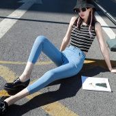 软超薄松紧腰弹力八分紧身裤 轻薄款 高腰夏季 女小脚修身 高弹牛仔裤