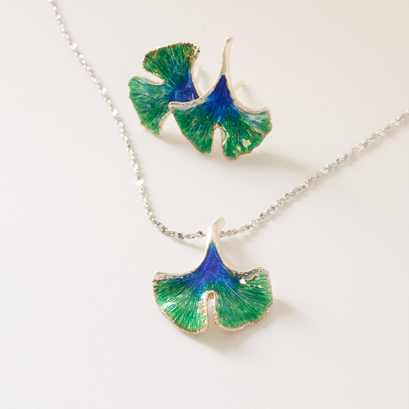 晓欢喜原创设计纯银孔雀羽珐琅银杏叶套装高级气质项链吊坠