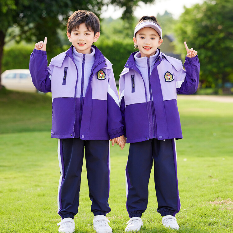 幼儿园园服秋冬装冲锋衣紫加绒儿童班服小学生校服春秋套装学院风