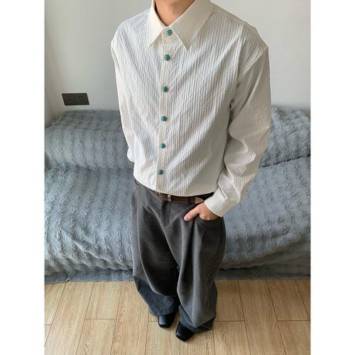 绿松石肌理感褶皱长袖衬衫男clea
