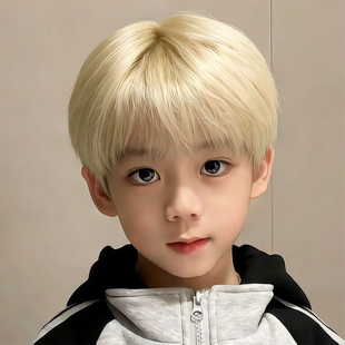 儿童假头发帅气米白色短直发男孩韩式微分碎盖刘海童模整顶全头套