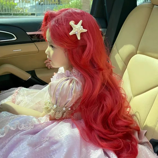 儿童假发女孩cos爱丽儿长卷发大红公主波浪卷美人鱼节日风齐刘海