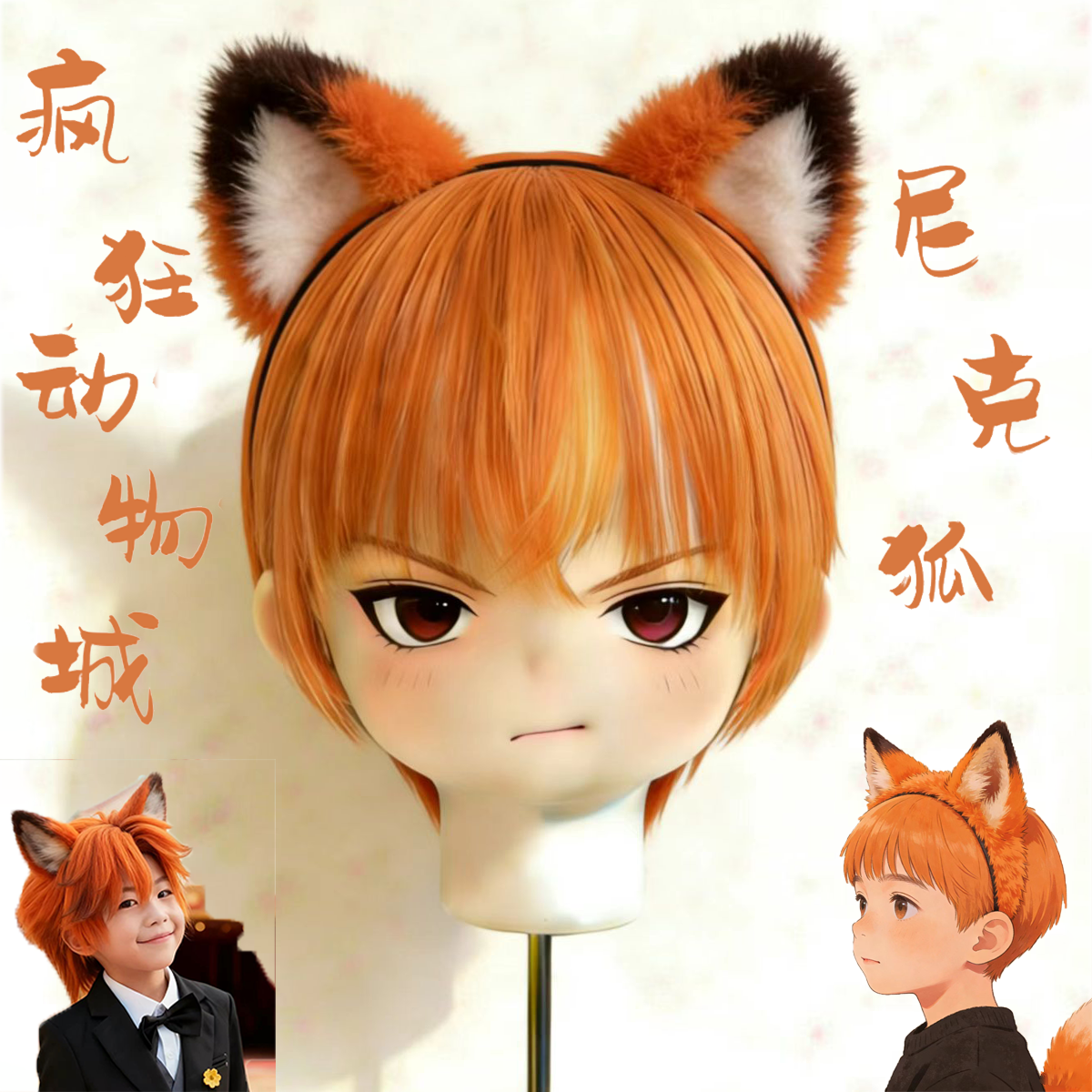 儿童假发cos尼克狐橘色短直发男童齐刘海节日表演疯狂动物城全头