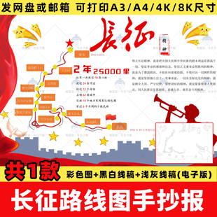 长征路线图手抄报电子模版红色文化精神童心向党小报涂色线稿横竖