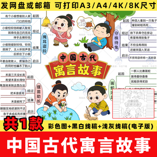 中国古代寓言故事思维导图手抄报模板电子版守株待兔揠苗助长线稿