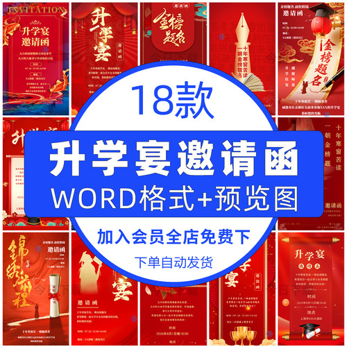 红色高中大学金榜题名升学宴邀请函模板电子版请帖word可编辑海报