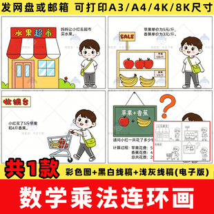 数学乘法连环画手抄报小学生二年级四宫格漫画看图列算式小报线稿