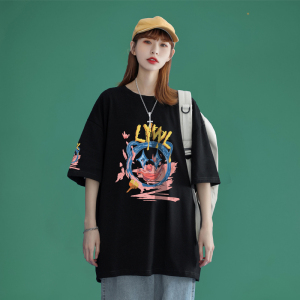 中性风女装小丑鬼脸印花bf风男友风加肥大码落肩袖胖mm200斤半袖图片