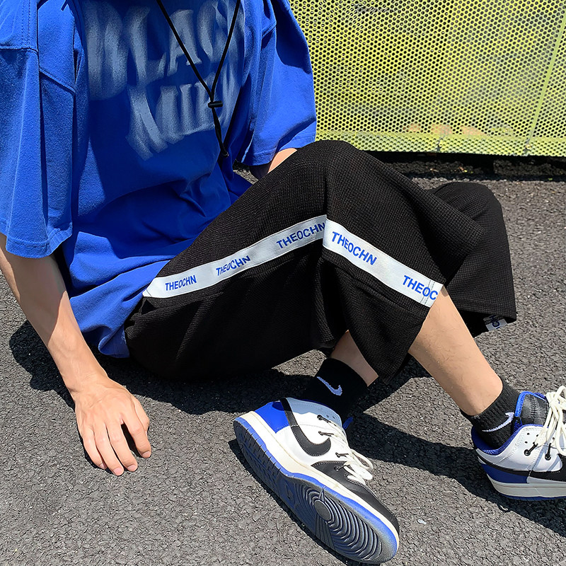 夏季2023港风ins华夫格阔腿裤字母短裤男加肥加大码休闲七分裤6XL,男装休闲裤,星座909