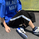 夏季2023港风ins华夫格阔腿裤字母短裤男加肥加大码休闲七分裤6XL，男装休闲裤，星座909