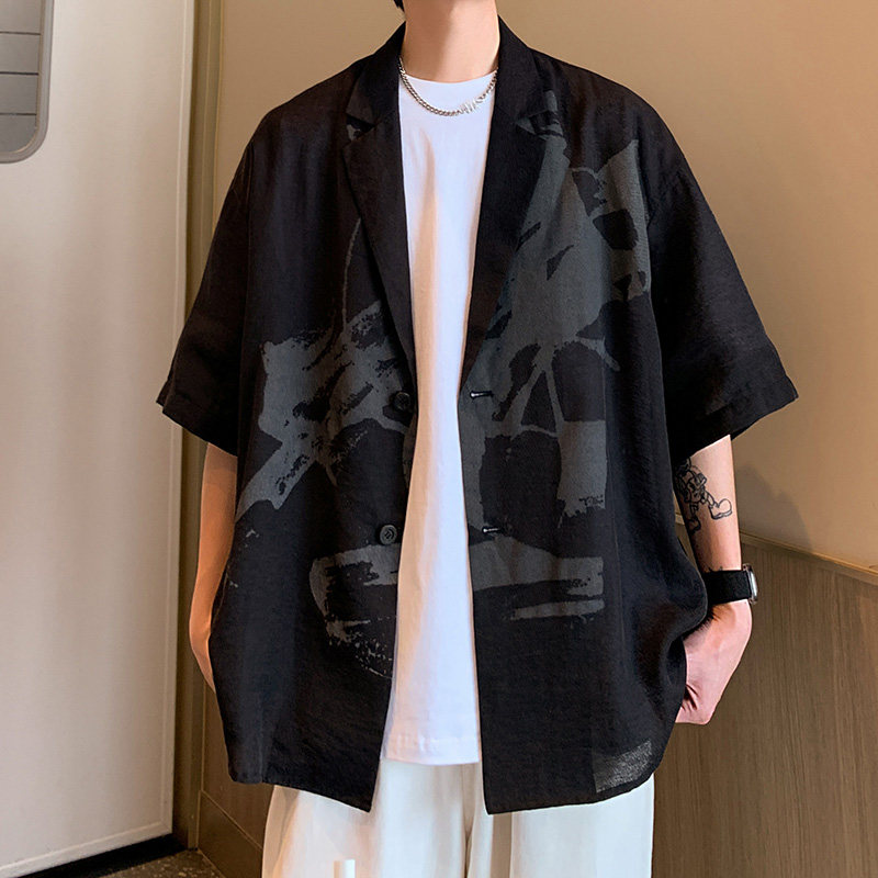 同款抖音卖299.夏装短袖男潮西服外套加肥加大码男装时尚印花单西,男装西服套装,星座909