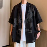 同款抖音卖299.夏装短袖男潮西服外套加肥加大码男装时尚印花单西，男装西服套装，星座909