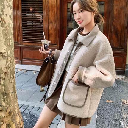 小香风皮毛一体羊羔绒外套女2024春秋冬新款韩系加厚颗粒绒上衣