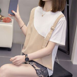 胖mm300斤宽松拼接短袖T恤女