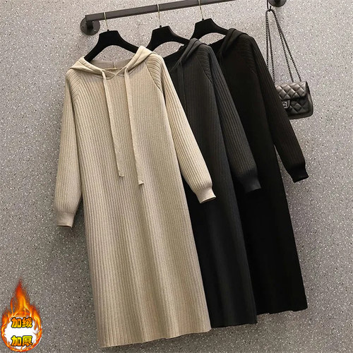 加绒加厚胖mm300斤螺纹连衣裙