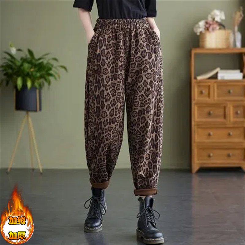 胖mm300斤加绒加厚印花长裤女