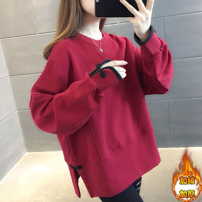 加绒加厚胖mm300斤中国风卫衣女