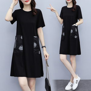 RM18620#大码休闲圆领连衣裙女2023夏装新款胖MM宽松遮肚中长款a字卫衣裙