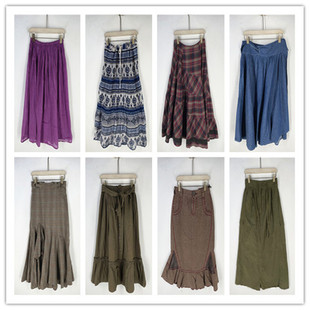 复古着vintage外贸精品民族风森女系纯色撞色印花棉布半身裙S2302