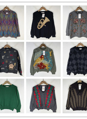 复古着vintage外贸尖货民族风森女系卡通菱格印花套头纯毛衣D4262