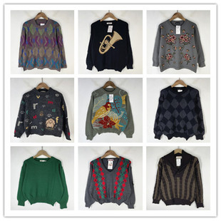 复古着vintage外贸尖货民族风森女系卡通菱格印花套头纯毛衣D4262