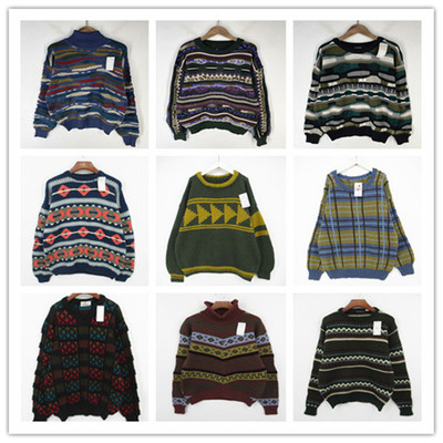 复古着vintage外贸精品英伦风森女系波普浮纹几何印花纯毛衣K2161