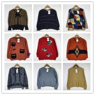 复古着vintage日韩尖货学院风甜美系几何拼接印花套头纯毛衣D5961