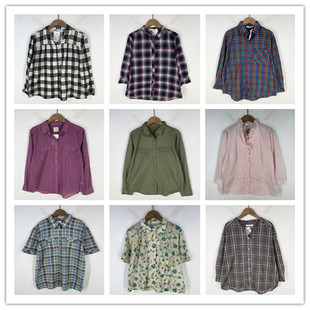 复古着vintage外贸精选学院风甜美系纯色格子印花棉麻布衬衫 V1262